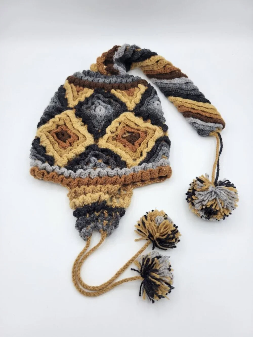 Hand-Knitted Alpaca Wool Chullo with Geometric Designs and Pom-poms